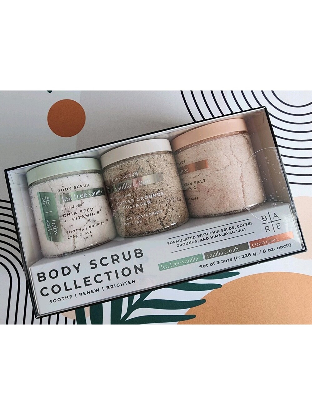 Bare Body Scrub Gift Set 3 x 8 Oz Tubs Tea Tree Vanilla, Vanilla Oak, Coco Rose